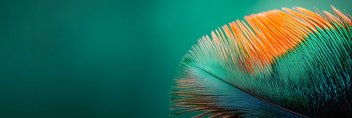 Wall Mural - macro image of peacock feathers on a green background wide banner