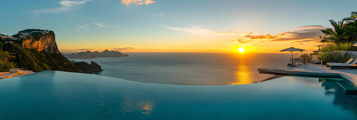 Wall Mural - a high-angle shot of a luxury hotel infinity pool overlooking the ocean at sunset wide banner