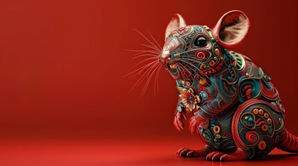Poster - vibrant 3D rat design for Rat zodiac, featuring intricate clay patterns and vivid colors, set against rich red background