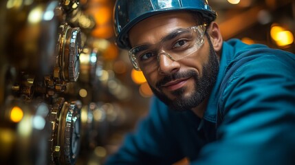 Aufkleber - A technician wearing safety gear performs maintenance on complex machinery at a petrochemical refinery. The environment is filled with advanced automation and engineering processes.