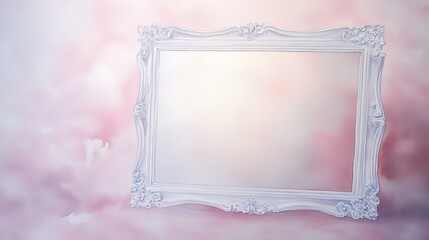 Aufkleber - A white vintage frame against a soft pink cloud background.