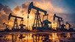 © Arif - Industrial oil pumps silhouetted against a vibrant sunset sky with clouds reflecting in still water creating a striking landscape scene