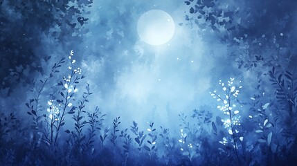 Poster - Ethereal blue forest with glowing flora under a full moon.