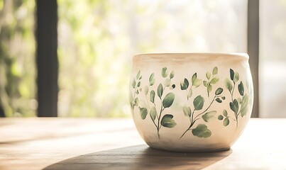 Poster - A decorative pot with green leaves sits on a wooden surface, illuminated by soft natural light.