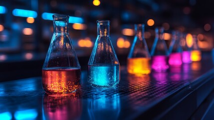 Poster - Brightly colored flasks are arranged on a surface in a state-of-the-art petrochemical refinery. The focus is on chemical synthesis and processing activities, showcasing advanced automation.