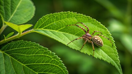 Wall Mural - spider on a leaf: a close-up shot of a spider perched delicately on a vibrant green leaf, showcasing