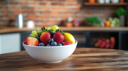 Aufkleber - Fresh fruit bowl arranged on wooden table in rustic kitchen setting with brick walls featuring vibrant strawberries and blueberries