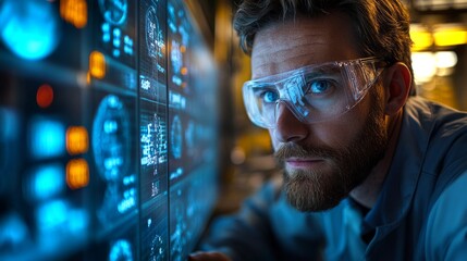 Fototapete - Engineers are focused on analyzing real-time data on a digital display in a petrochemical refinery. The setting showcases advanced automation technology essential for efficient processing.