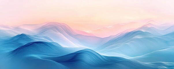 Poster - Abstract art background concept. Dreamy blue mountains under a soft pastel sky at sunset, perfect for calming visuals.