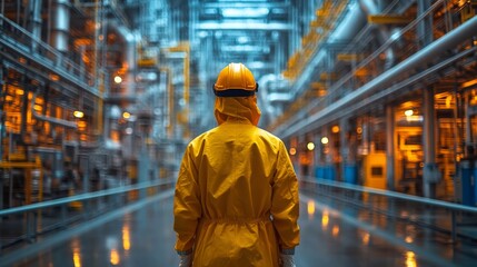 Poster - A worker in bright yellow protective clothing stands facing the interior of a petrochemical refinery.