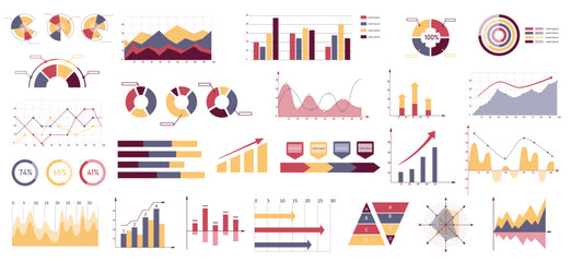 a set of business infographic elements with bar charts, pie charts, line graphs, and diagrams in mod