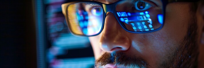 Data from a computer network is reflected in the glasses of a criminal hacker