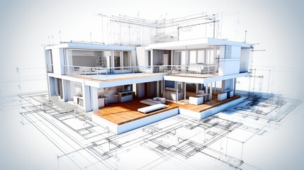 Wall Mural - vision of architecture of a 3d model house project with blueprint
