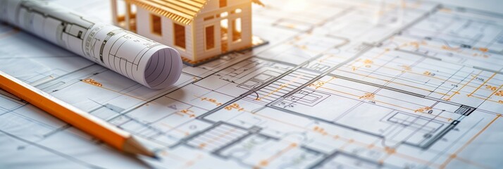 Wall Mural - 3d rendering project of new building model house on blueprint plan