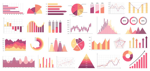 set of various colorful business charts and graphs in modern flat design on a white background. conc