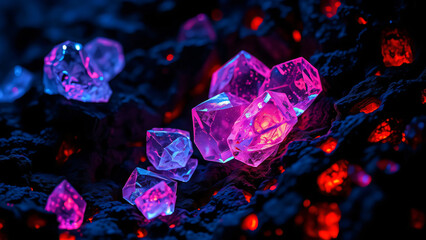 Wall Mural - Violet ice crystals and cubes on a black background with a gemstone-like shine