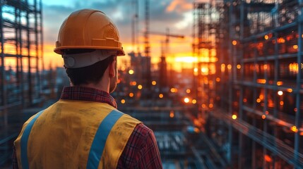 Fototapete - A worker in a safety helmet and reflective vest stands at a manufacturing site, gazing at the sunset illuminating the cranes and steel structures. The atmosphere showcases industrial activity.