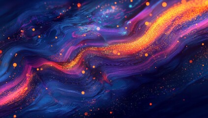 Wall Mural - 3d render of an abstract background with a glowing wave, neon dots, and glow lines on a dark blue ba