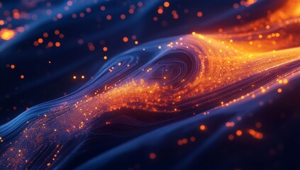 Wall Mural - 3d render of an abstract background with a glowing wave, neon dots, and glow lines on a dark blue ba
