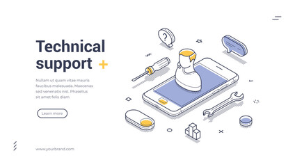Wall Mural - web banner template showcases an isometric illustration focused on technical support. featured are v