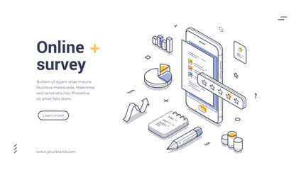 web banner features isometric design focused on online surveys. it showcases a mobile device display