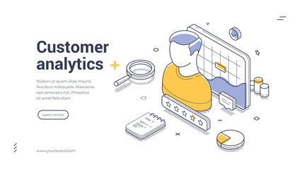 Wall Mural - web banner template showcases customer analytics with an isometric illustration. it features a chara