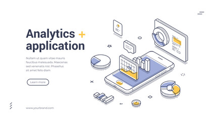 Wall Mural - web banner template features an isometric design showcasing an analytics application. it includes vi