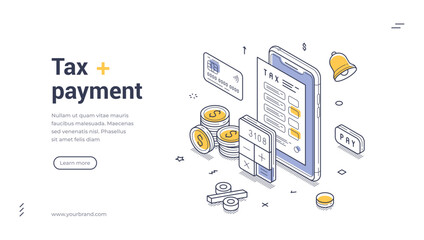 Wall Mural - web banner template illustrates a tax payment process featuring isometric design elements. it showca