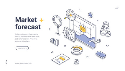 Wall Mural - Web banner template showcases a market forecast theme with isometric design elements. It includes graphs, charts, and financial symbols, ideal for business presentations or marketing materials.