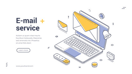 Wall Mural - web banner template features an isometric design showcasing a laptop with an open email envelope. va