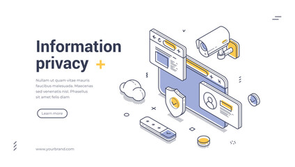 Wall Mural - web banner template features an isometric illustration focused on information privacy. it includes e