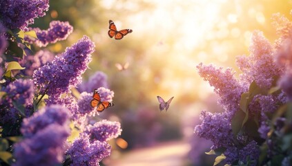 Wall Mural - beautiful spring background with blooming lilac flowers in the garden, butterflies flying on the pat