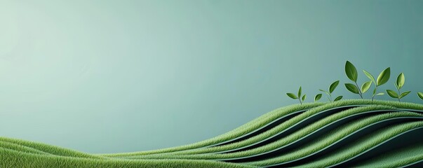 Poster - Abstract landscape background idea. A serene landscape featuring gentle green waves and budding leaves against a calm backdrop.