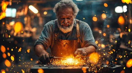 Fototapete - An experienced artisan focuses on shaping steel while surrounded by glowing sparks, showcasing manual skills in a lively metalworking factory during the day.