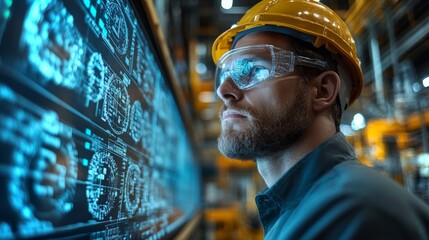 Aufkleber - An engineer in safety gear observes real-time data and automated processes on a display board in a cutting-edge petrochemical refinery. The facility emphasizes efficiency and precision.