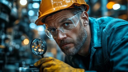Fototapete - A skilled engineer is closely examining metal parts with a magnifying glass in a factory. The setting features modern machinery and a focus on detail in metalworking processes.