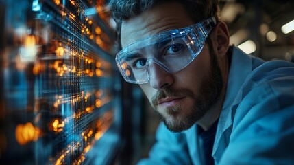 Aufkleber - An engineer wearing safety glasses examines machinery in a state-of-the-art factory. Surrounding high-tech equipment showcases processes like welding and casting.