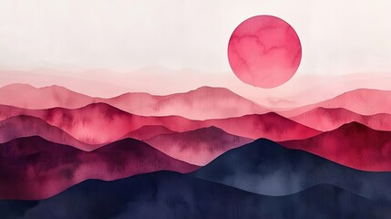 Poster - Digital watercolor painting abstract background idea. A serene watercolor landscape with vibrant hues of red and soft mountain silhouettes.