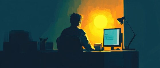 Wall Mural - a person sitting at a desk with a computer, possibly working or studying