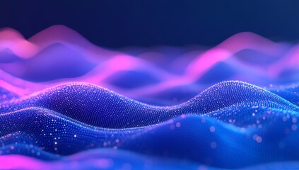 Wall Mural - abstract background with a blue and purple gradient, glowing dots on a wavy surface.
