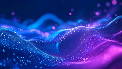 Wall Mural - abstract background with a blue and purple gradient, glowing dots on a wavy surface.