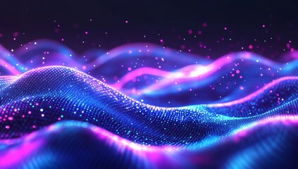 Wall Mural - abstract background with blue and purple glowing waves of dots, lines, or wavy shapes.