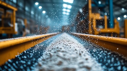Leinwandbilder - A conveyor system efficiently moves fine particles through a manufacturing facility, showcasing the automation of industrial processes in a chemical engineering environment.