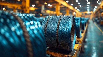 Fototapete - Large coils of blue steel wire are organized on wooden racks in a busy factory. Workers efficiently prepare for metal processing tasks in the background.