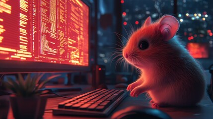Poster - A small brown rodent sits at a keyboard, intently facing a glowing computer screen in a dimly lit room. The city skyline is visible through a window, creating a cozy atmosphere.