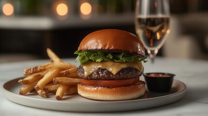 Poster - Cheeseburger with fresh ingredients and a side of fries presented on a plate in an elegant dining setting
