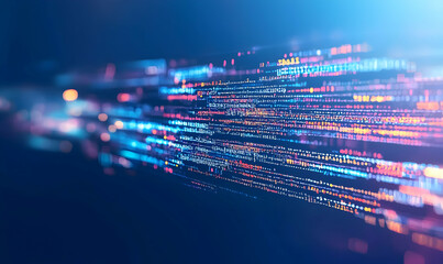 Lines of code flow over a vibrant blue tech background, representing digital innovation and programming expertise.