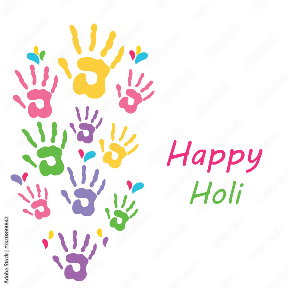 Holi Festival and many colorful hands .Various colored powder coatings. Indian festival of colors. Vector illustration