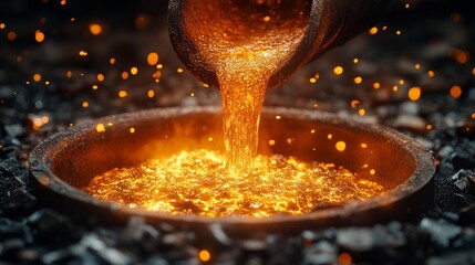 Fototapete - Bright molten metal flows from a casting ladle into a round mold. The environment is filled with sparks, highlighting the intensity of metallurgy in action.