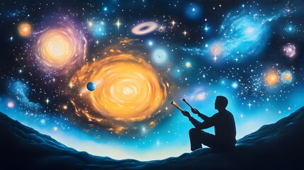 Wall Mural - a visionary artist painting a cosmic landscape with a brush made of stardust, their colors blending 